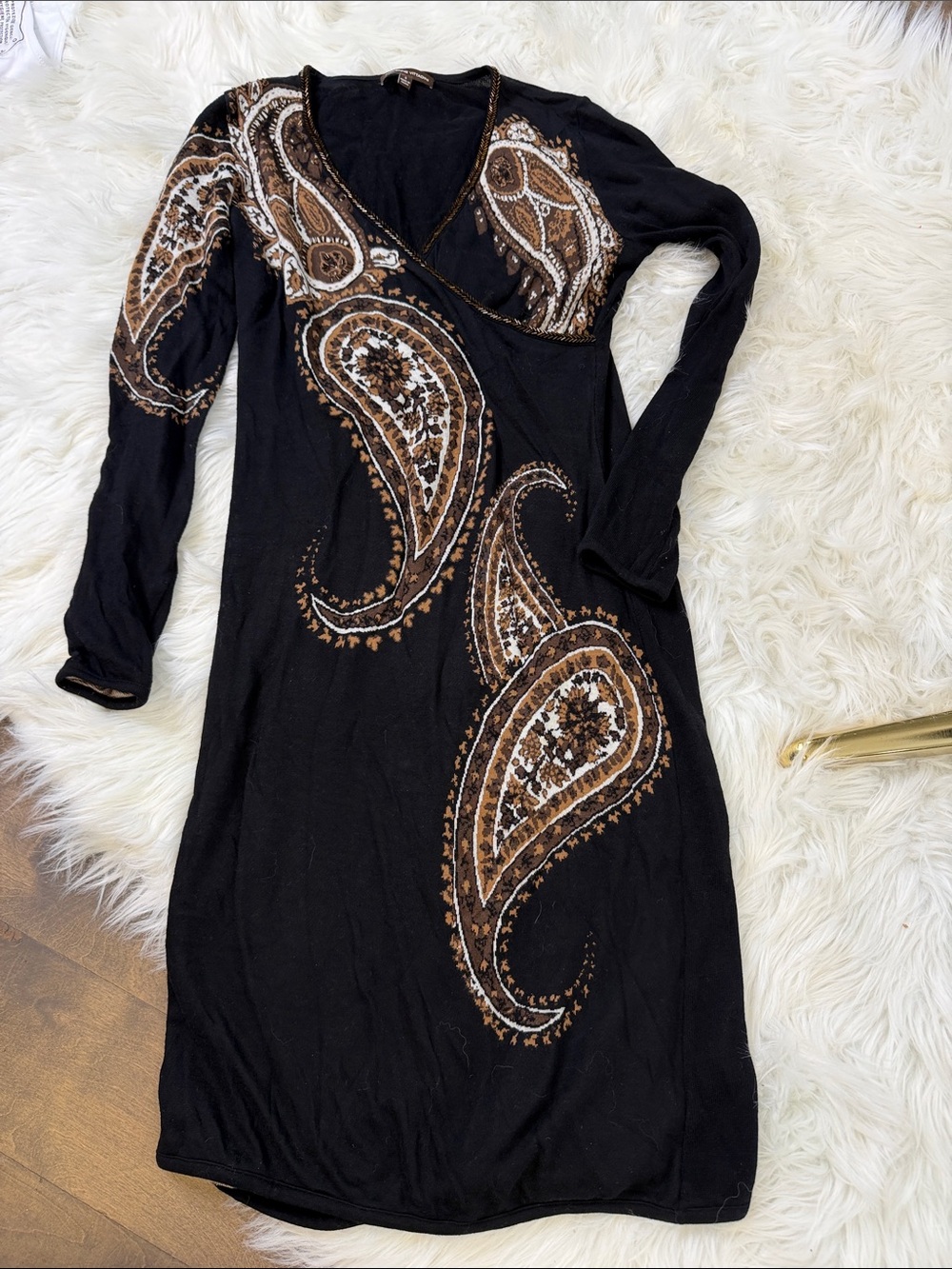Adrienne Vittadini Black Long-Sleeve Paisley Wrap Dress